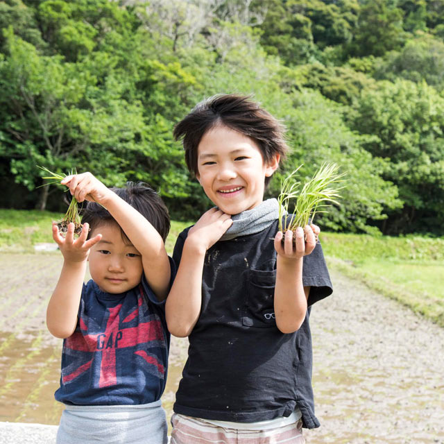 手に苗をもった子どもたち