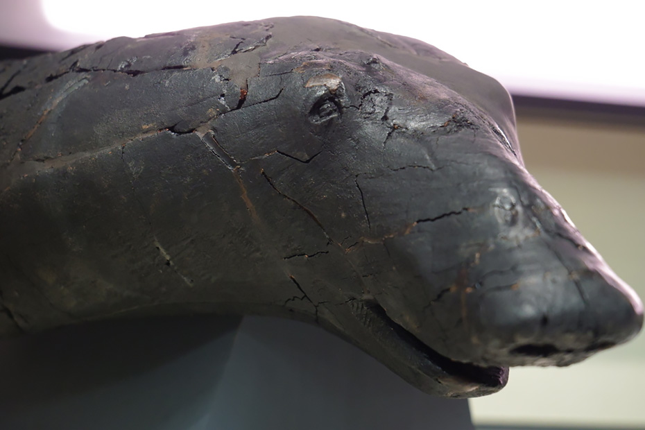 オホーツク文化期の炭化木製品。山の神である熊の顔に海の神である鯱の模様がある製品。　羅臼町郷土資料館