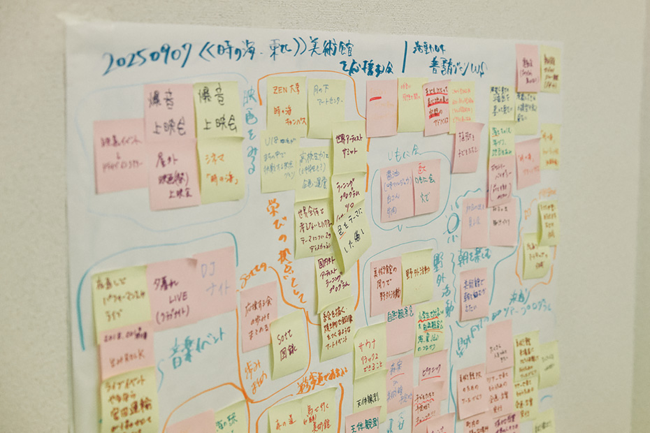 美術館ができたらやりたいことボードには、天体観測や夕暮れライブなど楽しそうな企画が並ぶ。