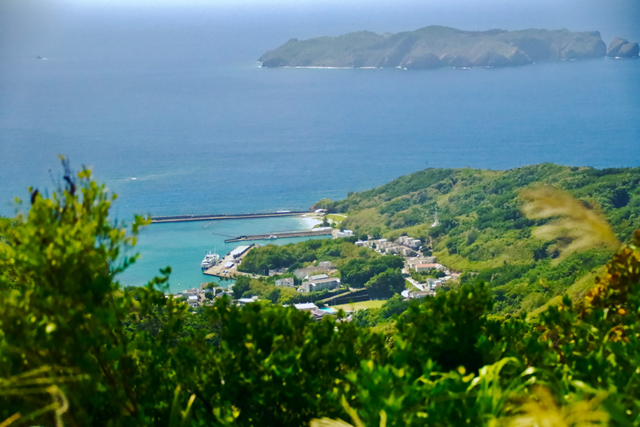 母島・乳房山より沖港を望む。