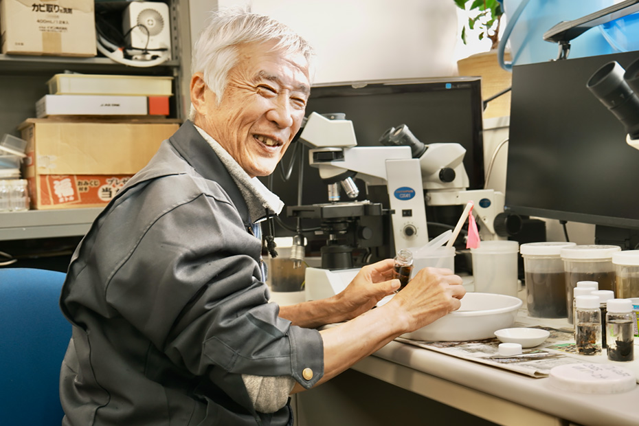 生態調査のために捕獲された昆虫を分別し整理をしている。作業を手伝っている横山裕正さん。