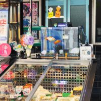 〈柳町商店街〉の鮮魚店〈成駒〉の店頭に置かれた水槽