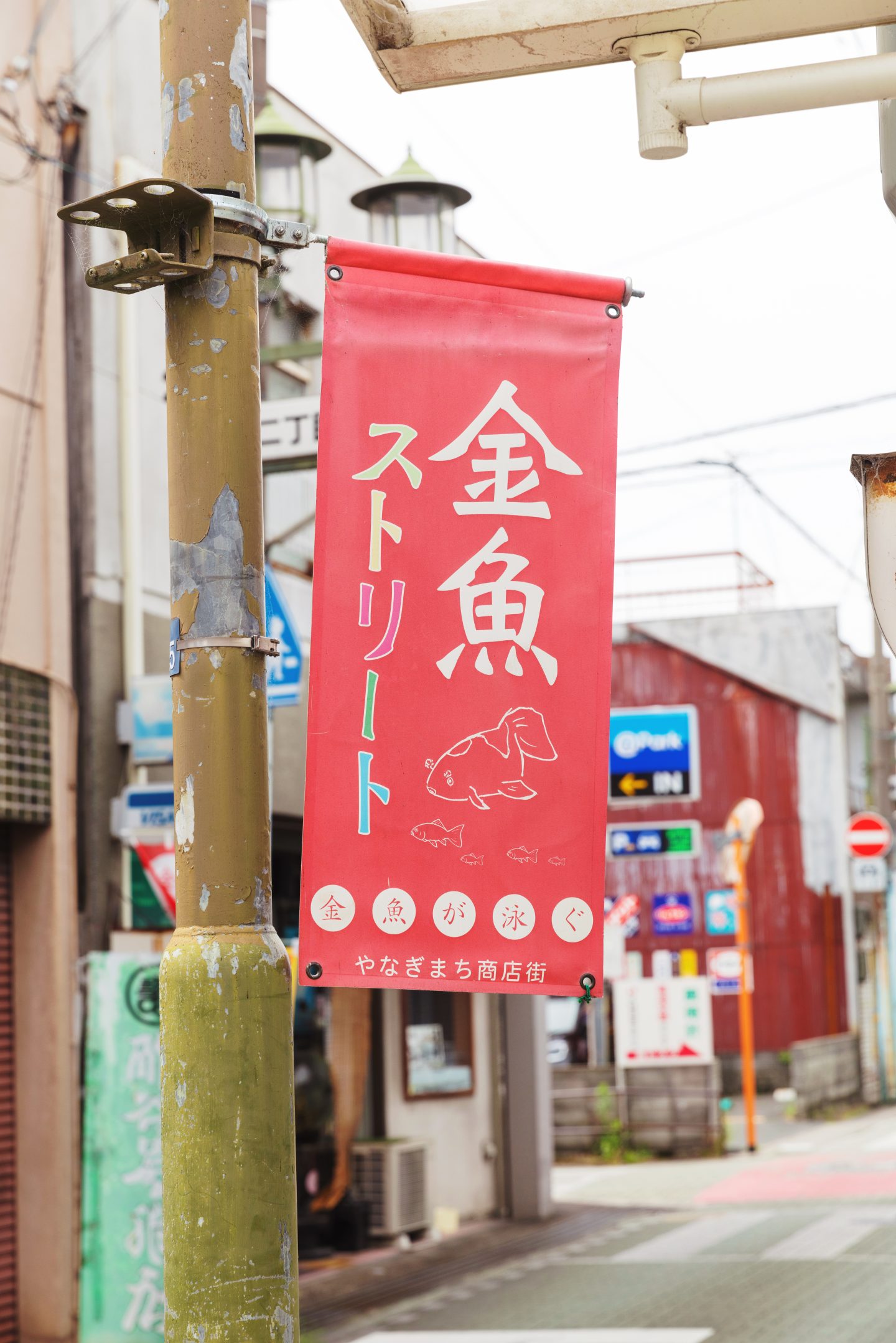 〈柳町商店街〉のあちこちにかかる「金魚ストリート」の旗